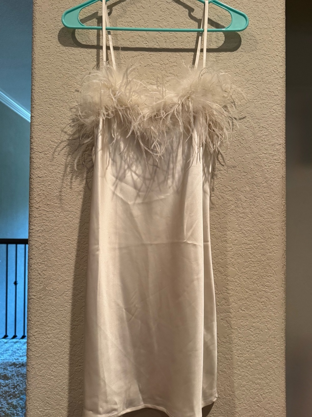 Feather-Trim Cream Satin Slip Dress